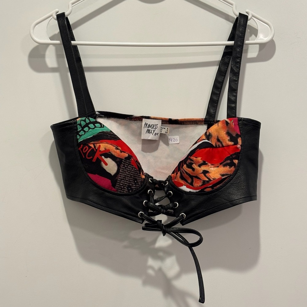 Princess Polly Black Faux Leather Graphic Lace Up Crop Top Bustier Bralette US 4